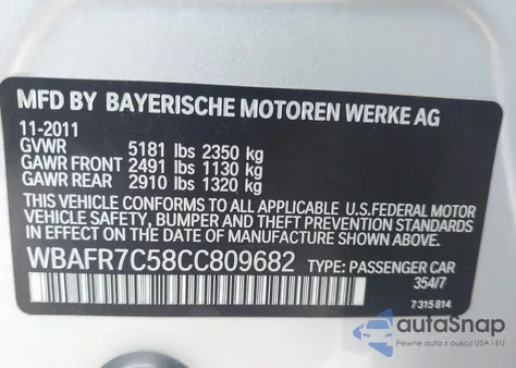 2012 BMW 535I из США, поврежденный, VIN WBAFR7C58CC809682